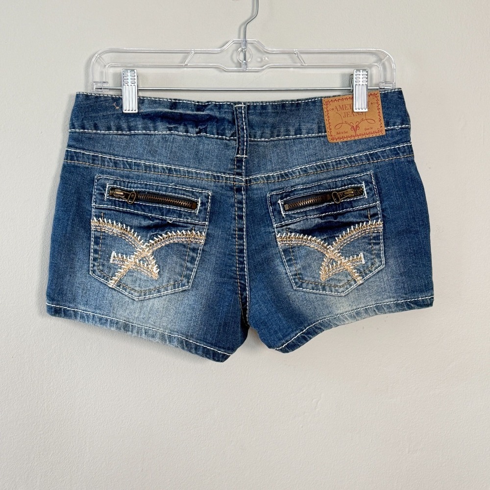 Amethyst Jeans Y2K Booty Denim Shorts Embroidered McBling Low Rise 30"Waist